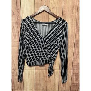 Hollister Large black and white striped crop top faux wrap shirt